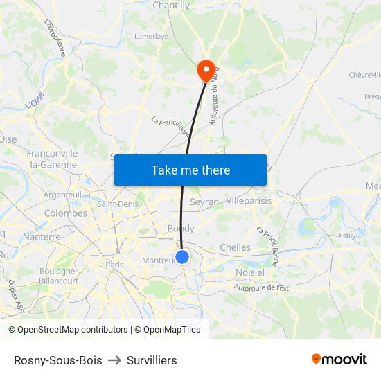 Rosny-Sous-Bois to Survilliers map