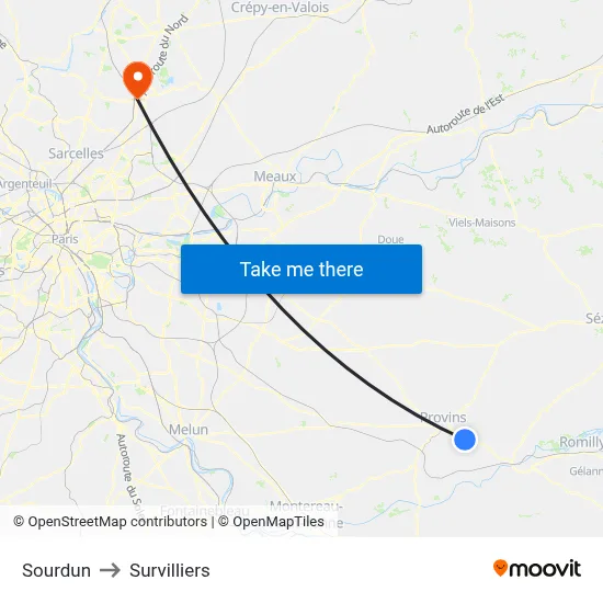 Sourdun to Survilliers map