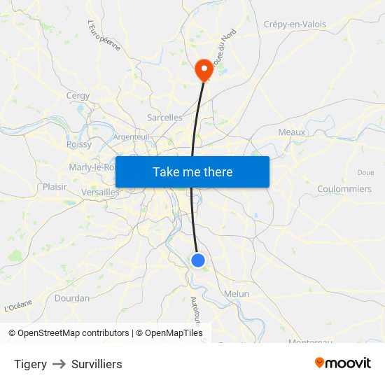 Tigery to Survilliers map