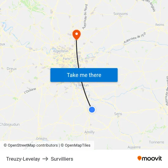 Treuzy-Levelay to Survilliers map