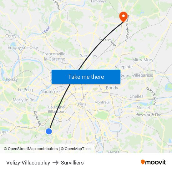 Velizy-Villacoublay to Survilliers map