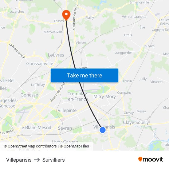 Villeparisis to Survilliers map