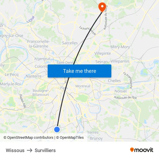 Wissous to Survilliers map