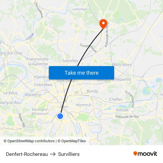 Denfert-Rochereau to Survilliers map