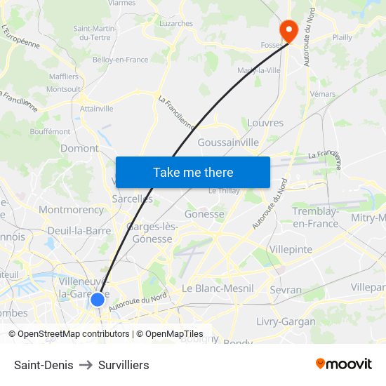 Saint-Denis to Survilliers map