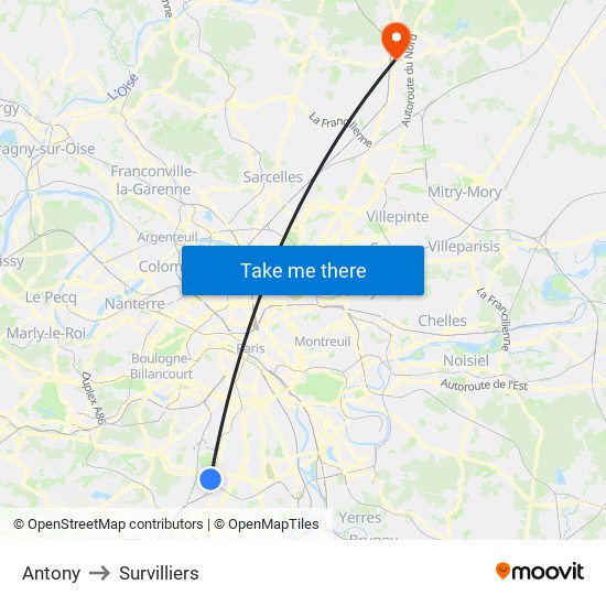 Antony to Survilliers map