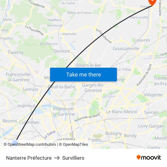 Nanterre Préfecture to Survilliers map