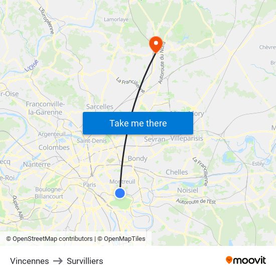 Vincennes to Survilliers map