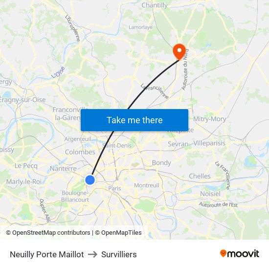Neuilly Porte Maillot to Survilliers map