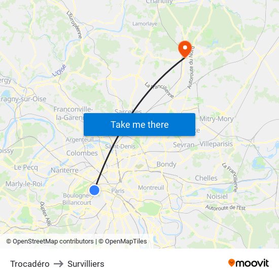 Trocadéro to Survilliers map