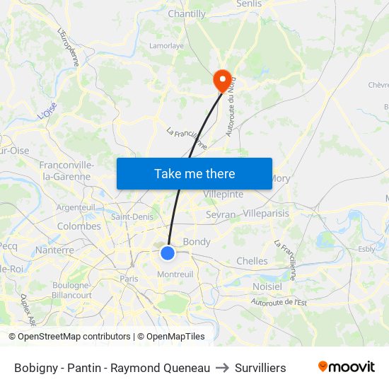 Bobigny - Pantin - Raymond Queneau to Survilliers map