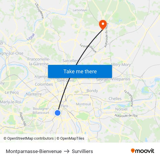 Montparnasse-Bienvenue to Survilliers map