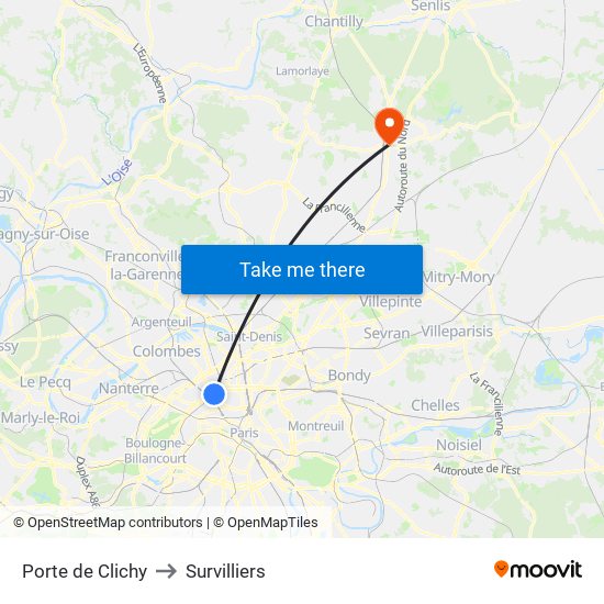 Porte de Clichy to Survilliers map