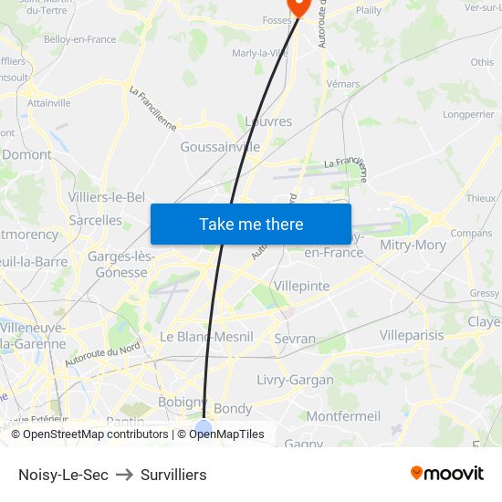 Noisy-Le-Sec to Survilliers map