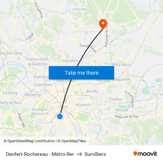 Denfert-Rochereau - Métro-Rer to Survilliers map