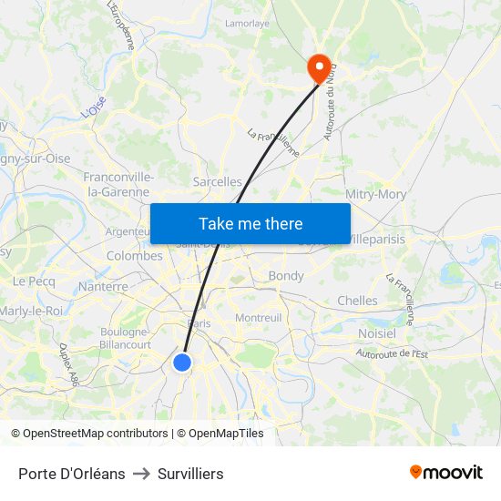 Porte D'Orléans to Survilliers map