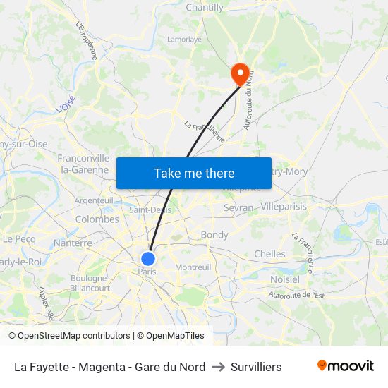 La Fayette - Magenta - Gare du Nord to Survilliers map