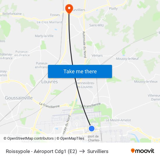 Roissypole - Aéroport Cdg1 (E2) to Survilliers map