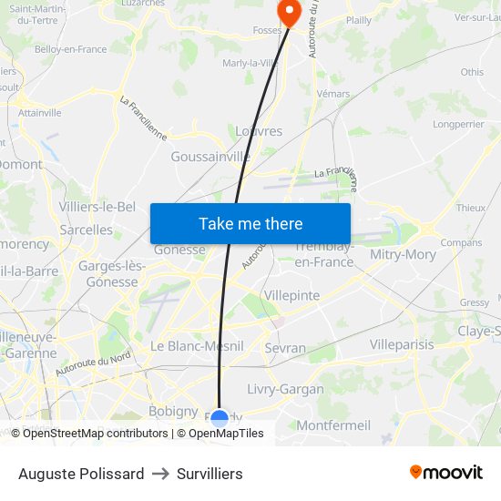 Auguste Polissard to Survilliers map