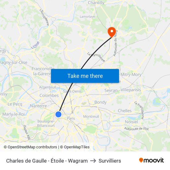 Charles de Gaulle - Étoile - Wagram to Survilliers map