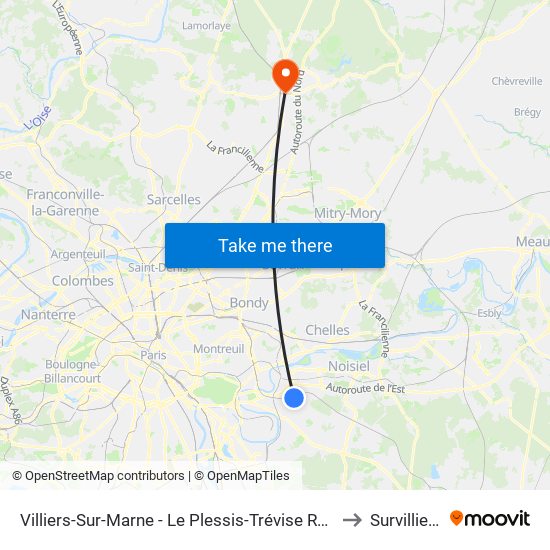 Villiers-Sur-Marne - Le Plessis-Trévise RER to Survilliers map