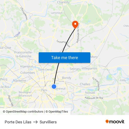 Porte Des Lilas to Survilliers map