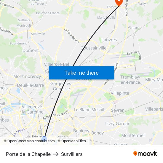 Porte de la Chapelle to Survilliers map