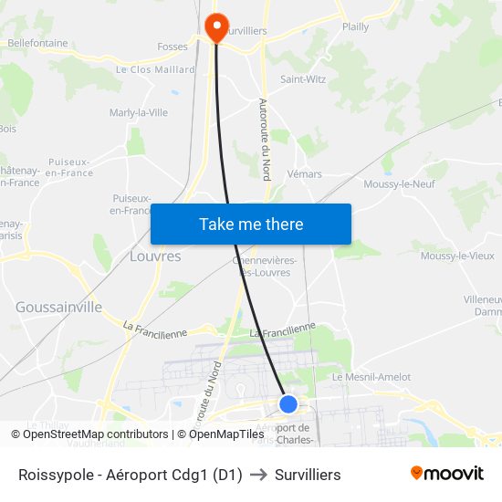 Roissypole - Aéroport Cdg1 (D1) to Survilliers map