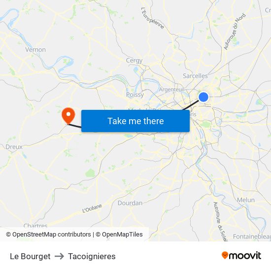 Le Bourget to Tacoignieres map