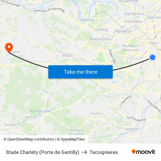 Stade Charléty (Porte de Gentilly) to Tacoignieres map