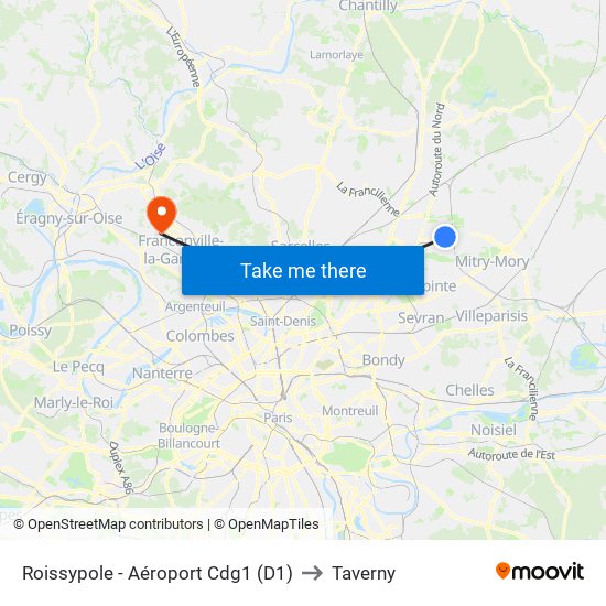 Roissypole - Aéroport Cdg1 (D1) to Taverny map
