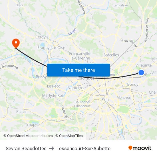 Sevran Beaudottes to Tessancourt-Sur-Aubette map