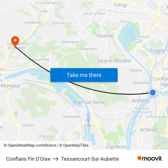 Conflans Fin D'Oise to Tessancourt-Sur-Aubette map