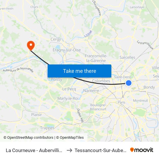 La Courneuve - Aubervilliers to Tessancourt-Sur-Aubette map