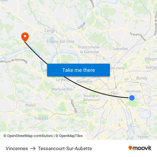 Vincennes to Tessancourt-Sur-Aubette map