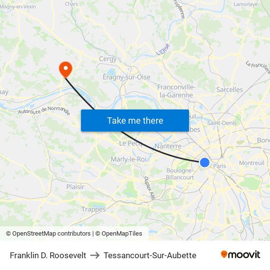 Franklin D. Roosevelt to Tessancourt-Sur-Aubette map