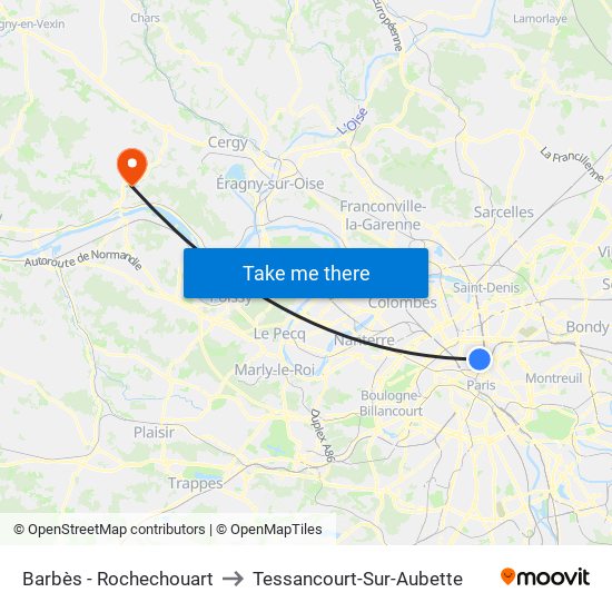 Barbès - Rochechouart to Tessancourt-Sur-Aubette map