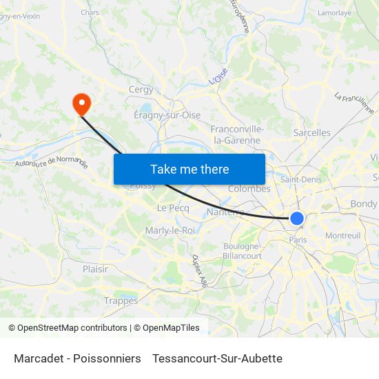 Marcadet - Poissonniers to Tessancourt-Sur-Aubette map