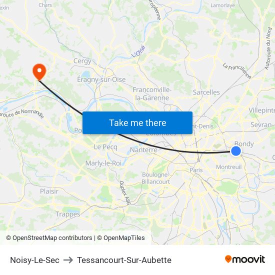 Noisy-Le-Sec to Tessancourt-Sur-Aubette map