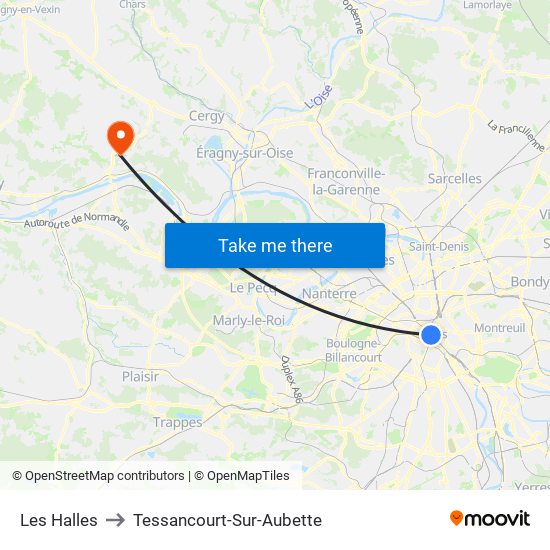 Les Halles to Tessancourt-Sur-Aubette map