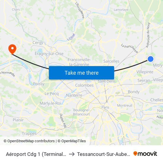 Aéroport Cdg 1 (Terminal 3) to Tessancourt-Sur-Aubette map