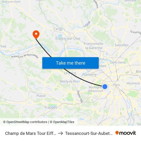 Champ de Mars Tour Eiffel to Tessancourt-Sur-Aubette map