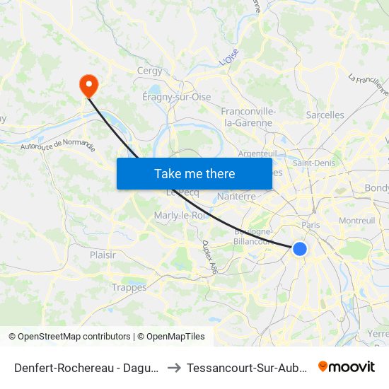 Denfert-Rochereau - Daguerre to Tessancourt-Sur-Aubette map