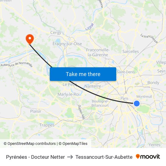 Pyrénées - Docteur Netter to Tessancourt-Sur-Aubette map
