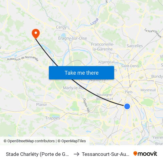 Stade Charléty (Porte de Gentilly) to Tessancourt-Sur-Aubette map