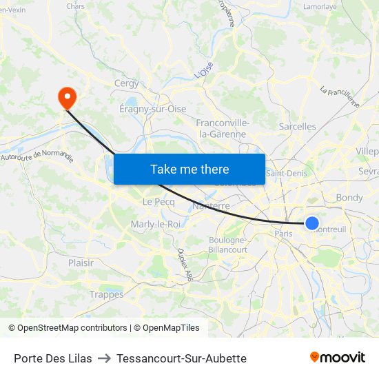 Porte Des Lilas to Tessancourt-Sur-Aubette map