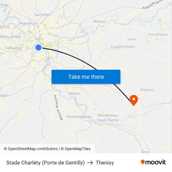Stade Charléty (Porte de Gentilly) to Thenisy map