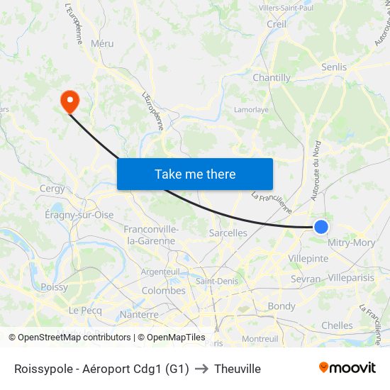 Roissypole - Aéroport Cdg1 (G1) to Theuville map