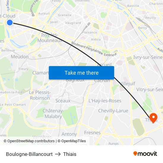 Boulogne-Billancourt to Thiais map