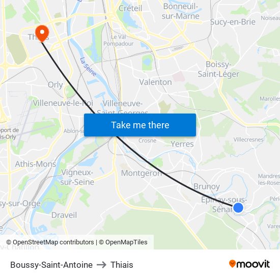 Boussy-Saint-Antoine to Thiais map